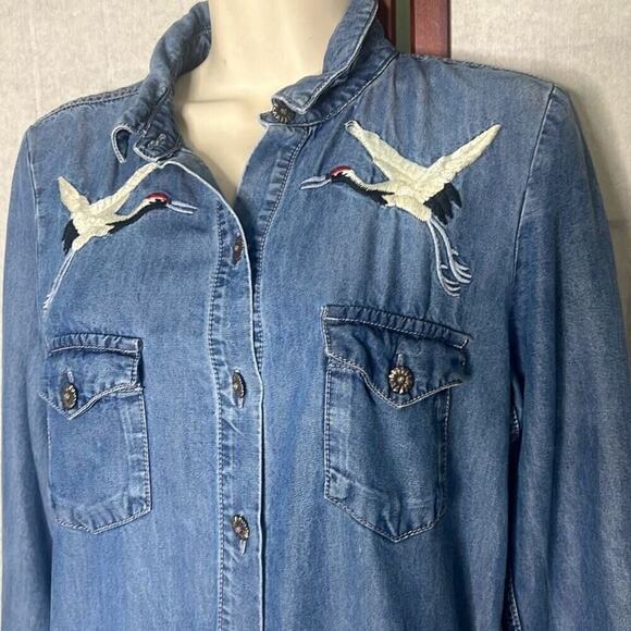 The Kooples Jeans Women's Blue Bird Embroidered Chambray‎ Open Back Romper Large - Picture 11 of 12